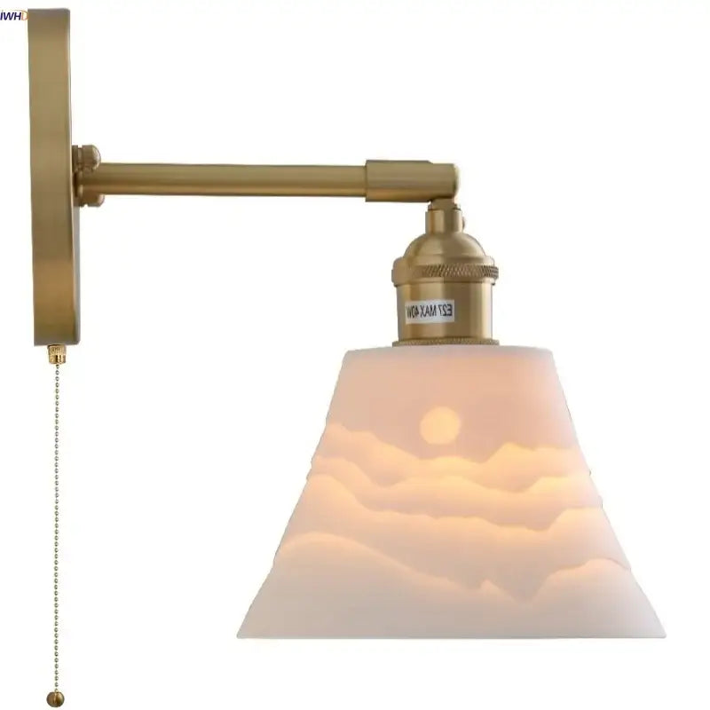 Modern brass mountain led wall lamp sconce with frosted glass shade featuring etched mountain and sun design