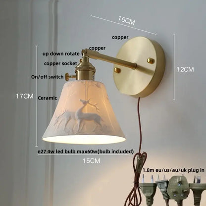 Modern brass mountain led wall lamp sconce with vintage copper finish and ceramic deer lampshade for bedroom stair lighting