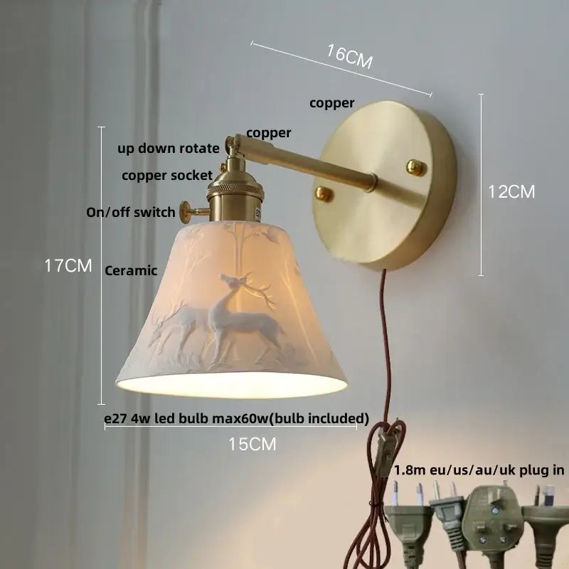 Modern brass mountain led wall lamp sconce with vintage copper finish and ceramic deer lampshade for bedroom stair lighting