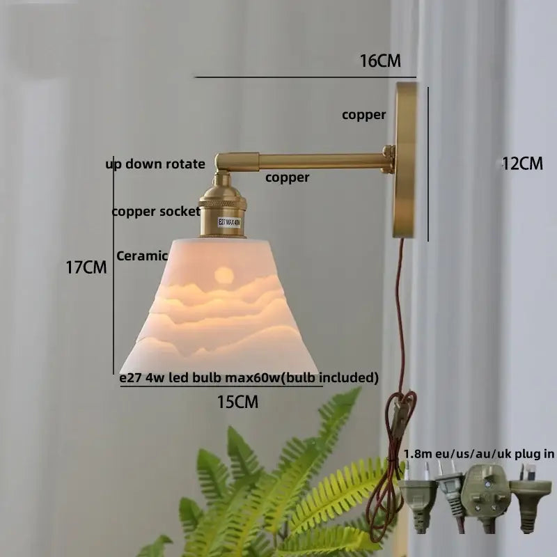 Modern brass mountain led wall lamp sconce with warm-toned ceramic lampshade and copper mount for bedroom stair lighting