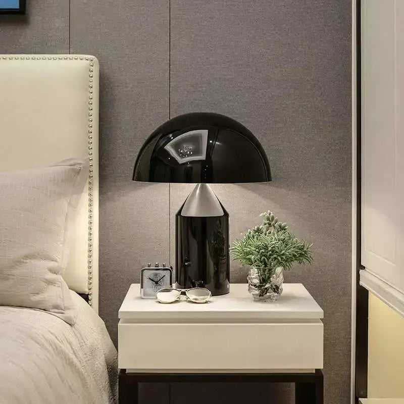 Black glossy mushroom-shaped metal led table lamp with modern brass base for bedroom night light decorbites atollo metal