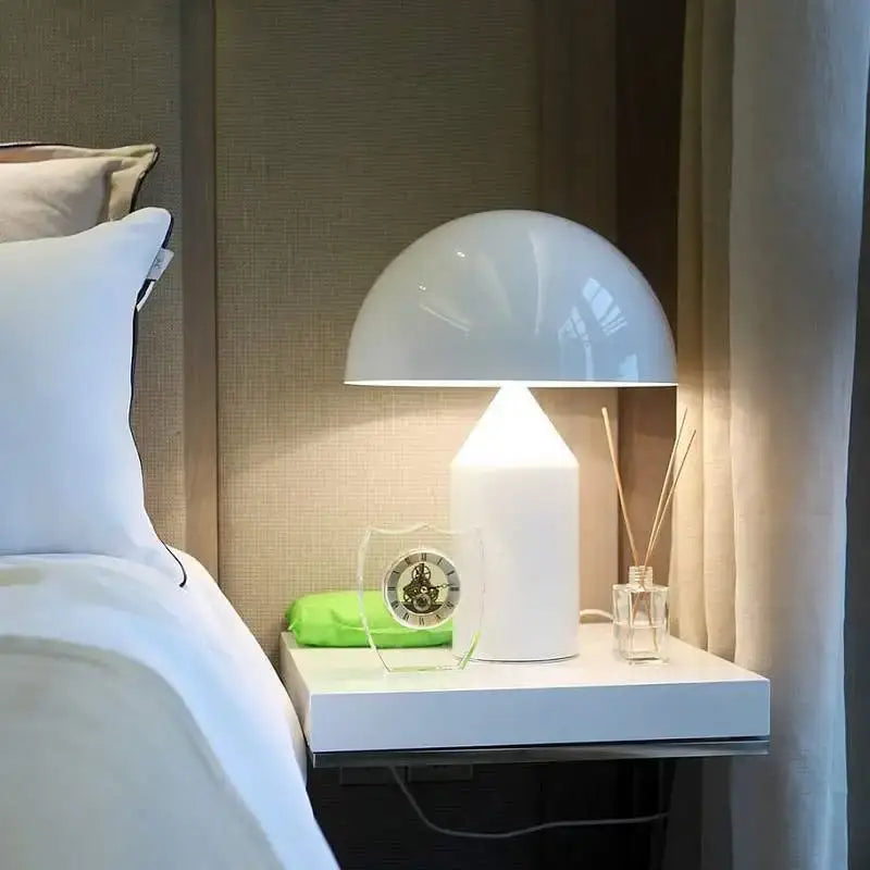 Modern brass mushroom metal led table lamp in white with a glossy finish for bedroom night light decorbites atollo metal led