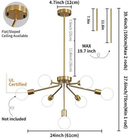 Modern brass nordic ceiling chandelier with gold finish, six spherical glass shades, and adjustable rods for living room light