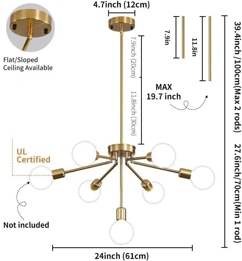 Modern brass nordic ceiling chandelier with gold finish, six spherical glass shades, and adjustable rods for living room light