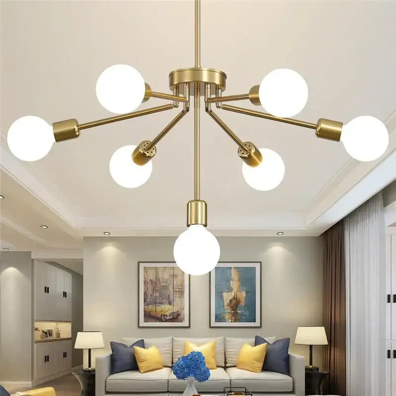 Modern brass nordic ceiling chandelier with six white glass bulbs and one central bulb in minimalist geometric design