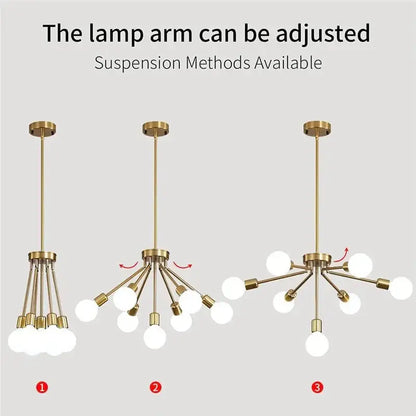 Modern brass nordic ceiling chandelier with gold finish, adjustable arms, and spherical white glass bulbs for living room lighting