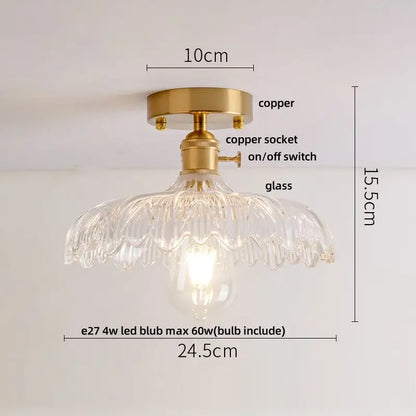 Modern brass orchid glass led ceiling lamp with clear glass pendant and integrated on/off switch for bedroom use