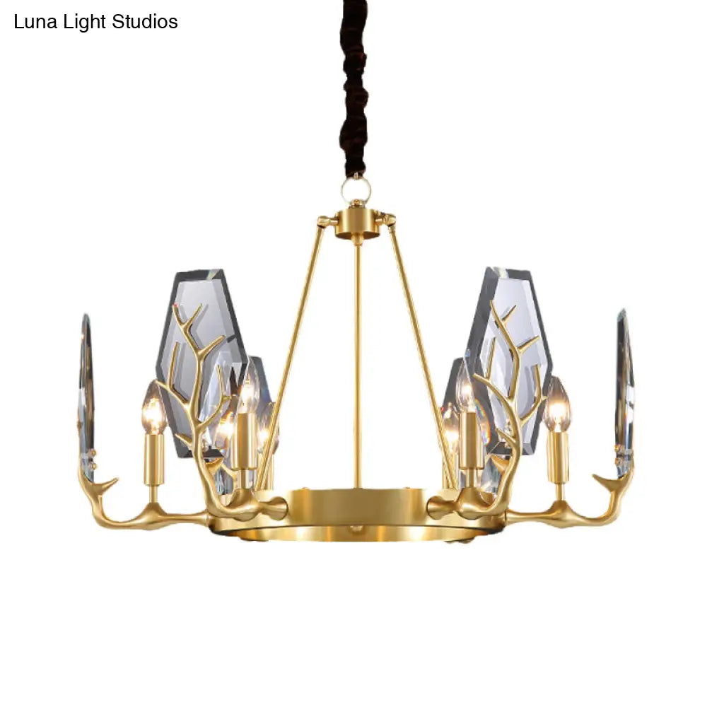 Lámpara de techo colgante moderna con panel de latón y lámpara redonda de cristal - 6/8 luces