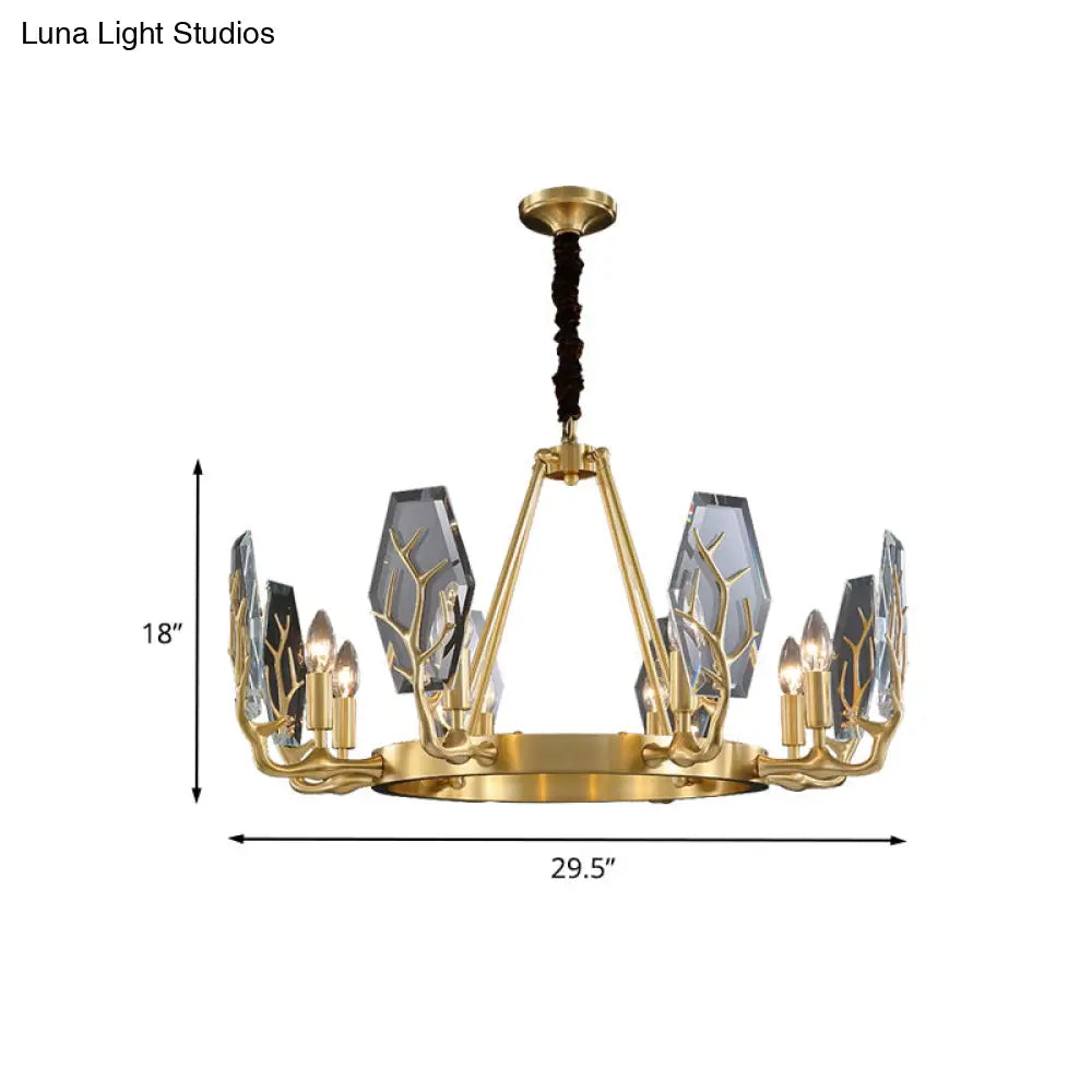 Lámpara de techo colgante moderna con panel de latón y lámpara redonda de cristal - 6/8 luces