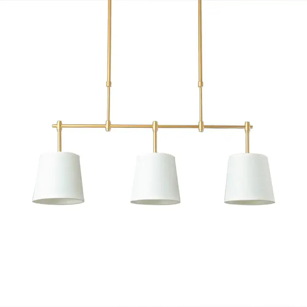 Modern brass pendant light with three white green flaxen cylindrical shades for dining room lighting using led incandescent fluorescent bulbs