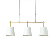 Modern brass pendant light with three white green flaxen cylindrical shades for dining room lighting using led incandescent fluorescent bulbs