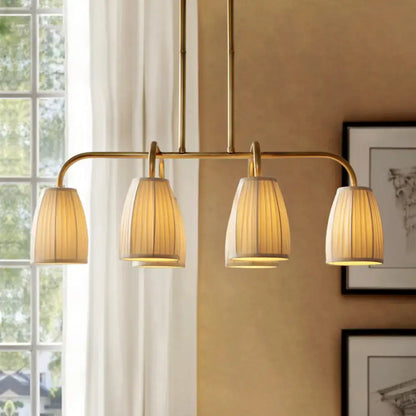 Brass-finished decorbites rustic pleated fabric pendant chandelier with four warm-toned pleated fabric shades