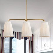 Brass-finished modern decorbites rustic pleated fabric pendant chandelier with three off-white fabric shades for dining table