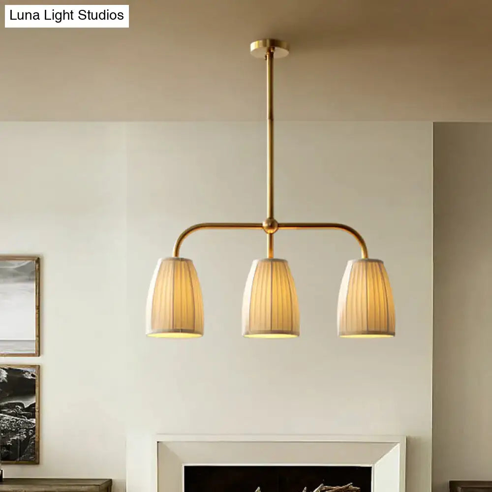 DecorBites rustic pleated fabric pendant chandelier in brass finish with three beige shades for dining table lighting