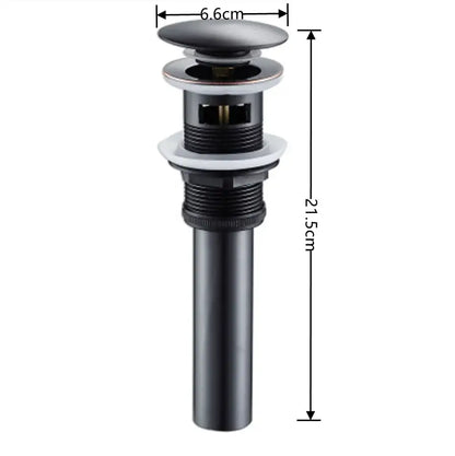 Black matte-finish metal decorbites brass pop up drain with sleek cylindrical body for modern bathroom sinks