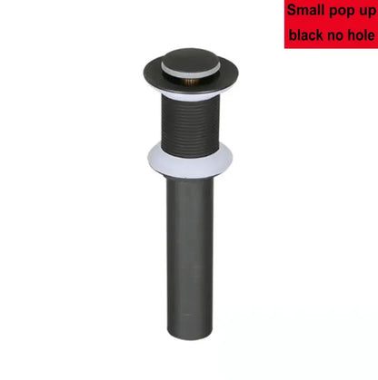 Modern brass pop up drain with black ribbed cylindrical body and flat top cap for bathroom sink by decorbites brass pop