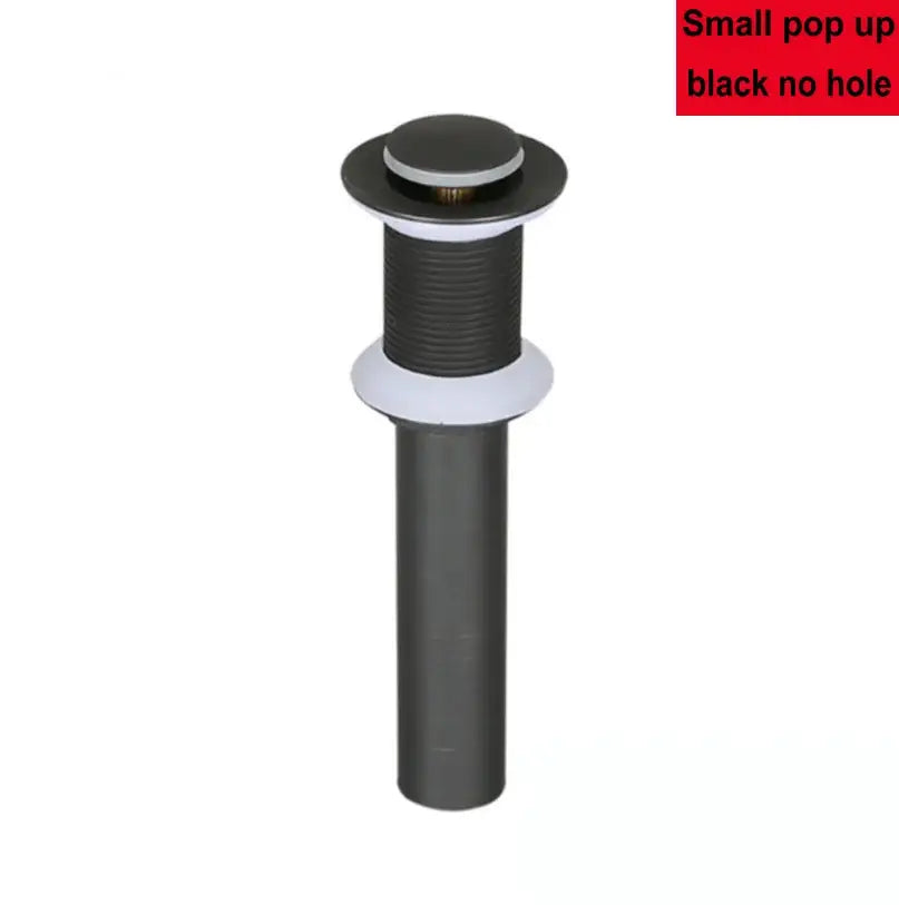 Modern brass pop up drain with black ribbed cylindrical body and flat top cap for bathroom sink by decorbites brass pop