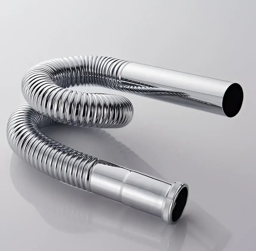 Chrome-finished flexible corrugated drain hose with ribbed texture and threaded ends for decorbites brass pop bathroom sink drain