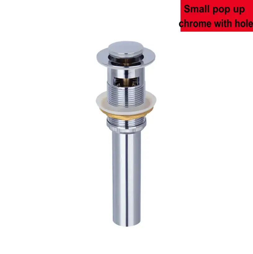Chrome-finished decorbites brass pop small pop-up drain with central hole and threaded body for bathroom sink