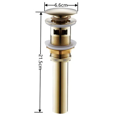 Modern brass pop up drain for bathroom sink featuring a gold-toned brass pop with sleek cylindrical body and flat top