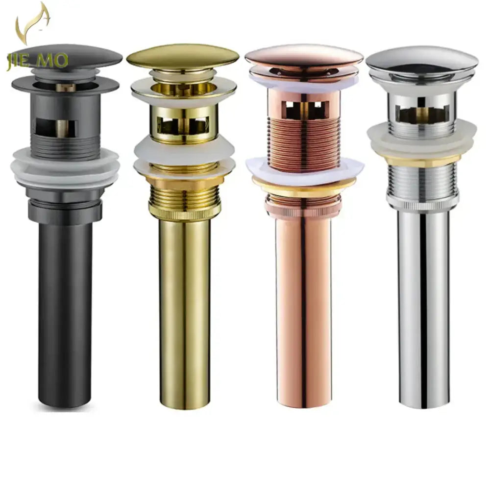 Modern brass pop up drain for bathroom sink in matte black brushed gold rose gold and polished chrome finishes by decorbites brass pop