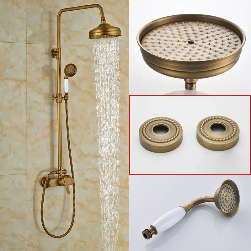 Modern brass rainfall shower faucet set with main rainhead handheld spray nozzle and decorative mounting rings