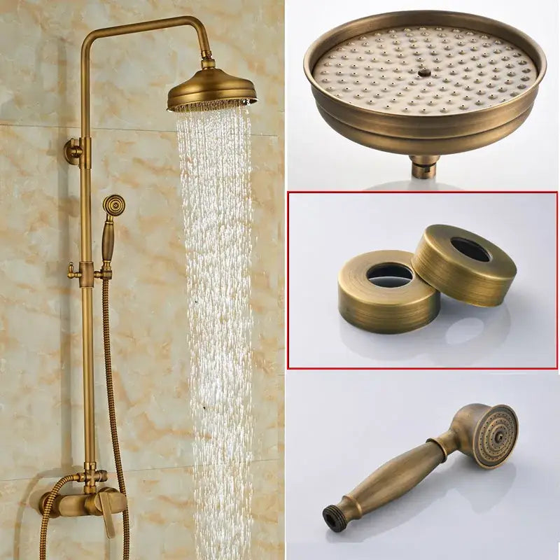 Modern brass rainfall shower faucet set with handshower features a brass-finished shower faucet set with mounting hardware