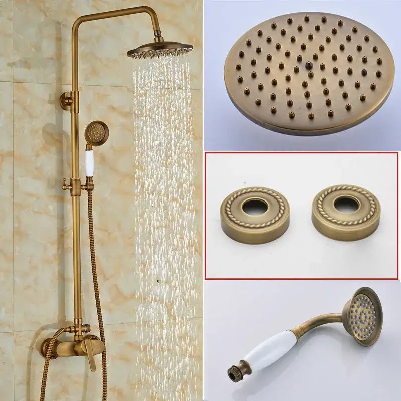 Modern brass rainfall shower faucet set with handshower features a brass-finished rainhead and white ceramic handle faucet set