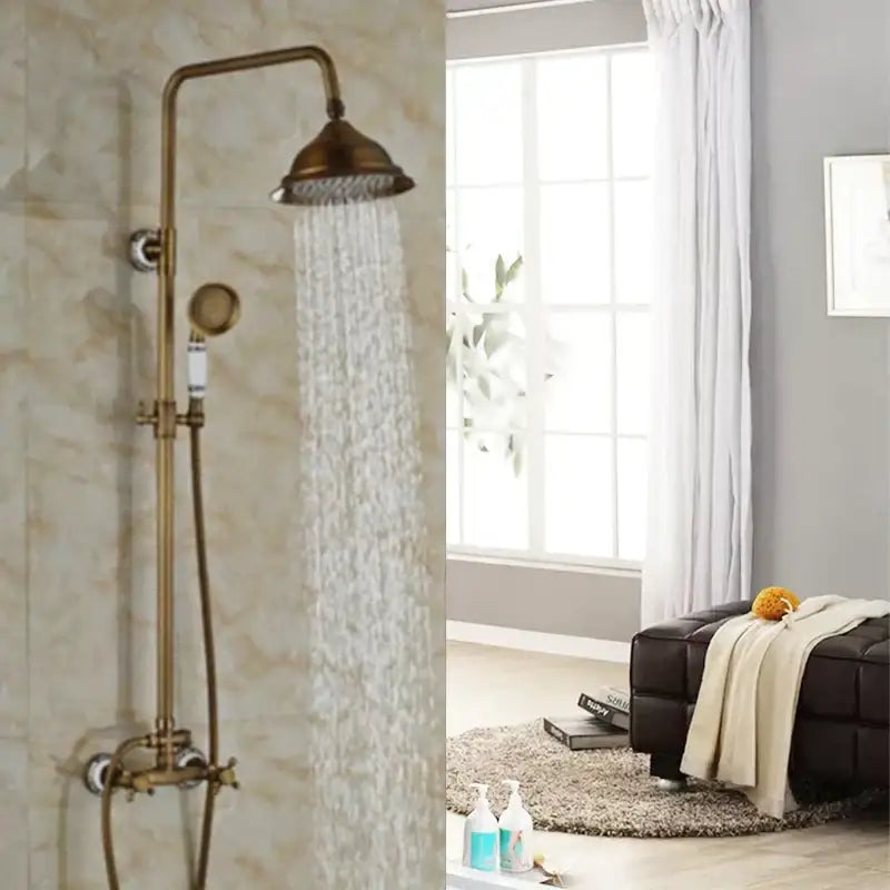 Modern brass rainfall shower faucet set with handshower featuring brass finish and wall-mounted fixtures for bathroom use