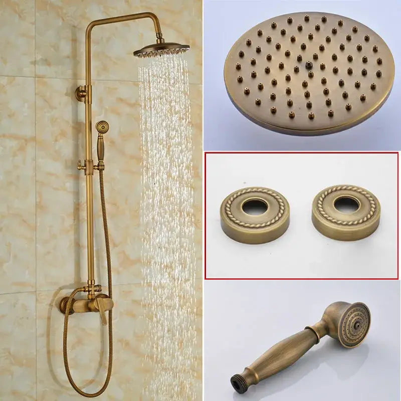 Modern brass rainfall shower faucet set with wall-mounted rainhead handheld spray and decorative circular base plates