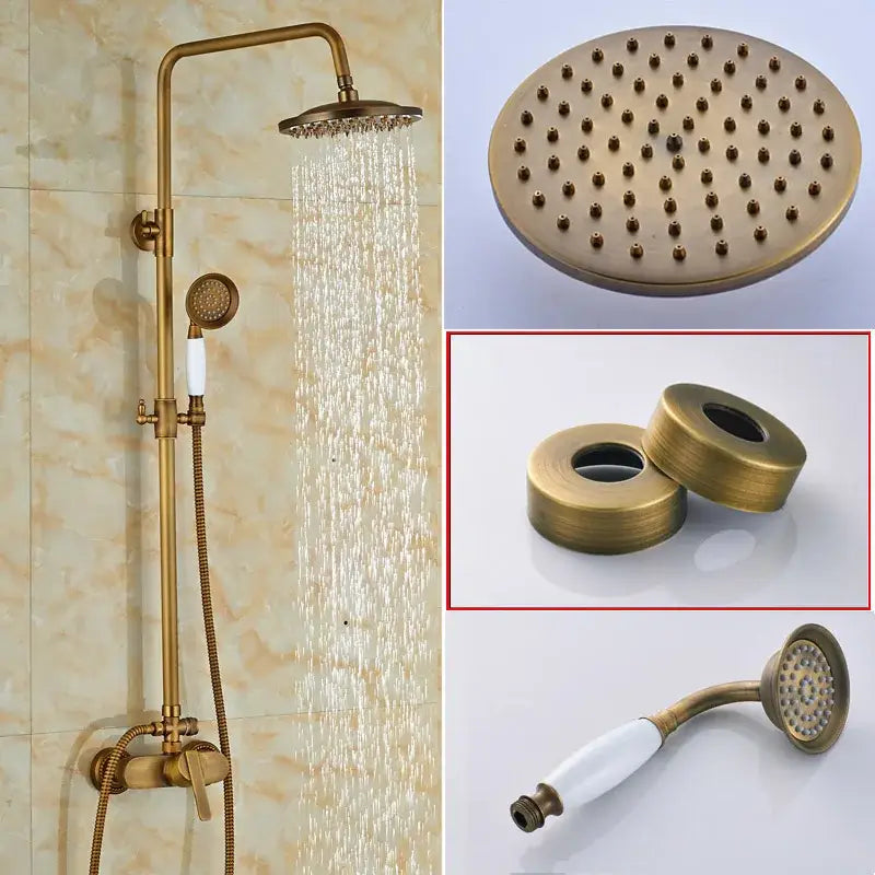Modern brass rainfall shower faucet set with tall wall-mounted rainhead handheld spray nozzle and ceramic handle caps