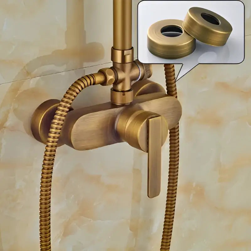 Modern brass rainfall shower faucet set with handshower featuring a sleek brass-finished shower faucet with flexible hose