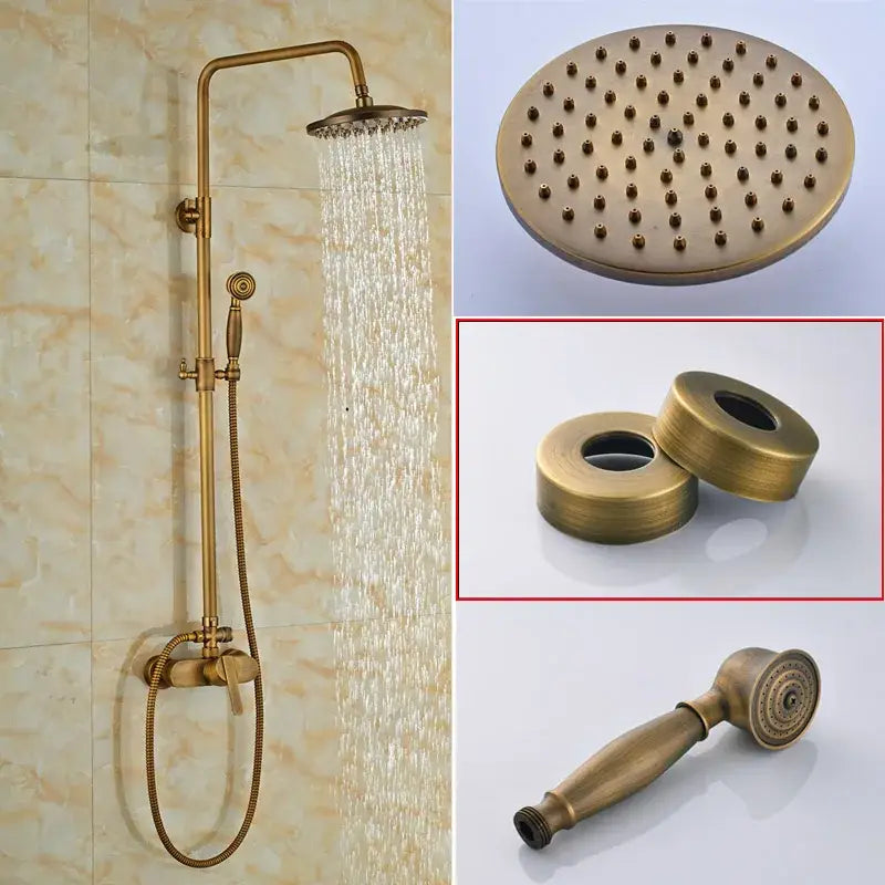 Modern brass rainfall shower faucet set featuring a rectangular rainhead handheld spray and circular multi nozzle shower faucet set