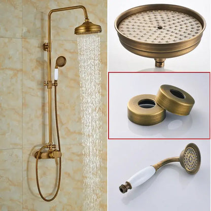 Modern brass rainfall shower faucet set with handshower featuring brass finish rainhead handheld nozzle and decorative caps