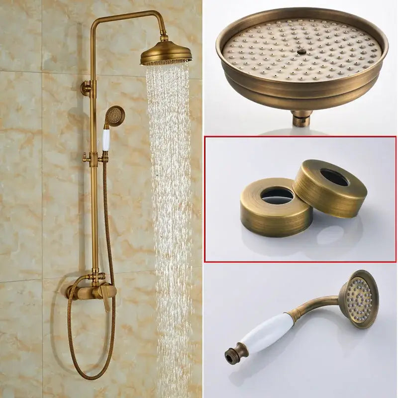 Modern brass rainfall shower faucet set with handshower featuring brass finish rainhead handheld nozzle and decorative caps