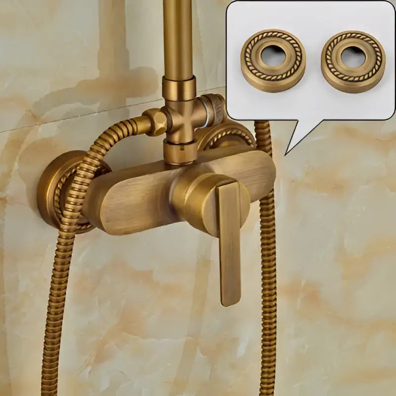 Modern brass rainfall shower faucet set with handshower featuring a brass-finished vintage shower faucet and twisted hose