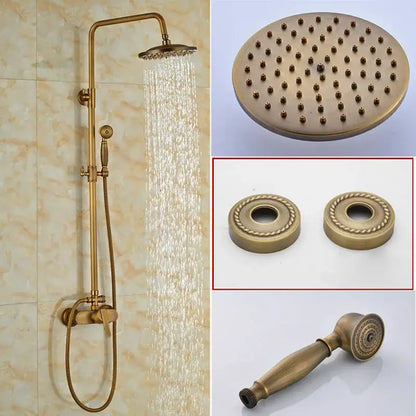 Modern brass rainfall shower faucet set featuring a tall wall-mounted rainhead and handheld spray nozzle with decorative base plates