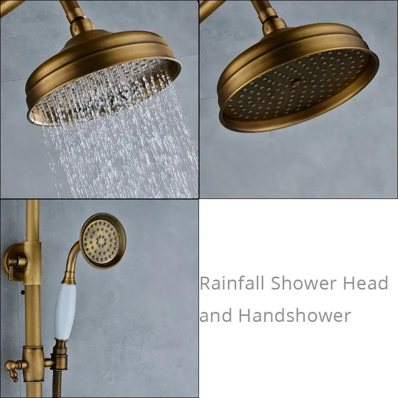 Modern brass rainfall shower faucet set with handheld unit featuring white ceramic handle for bathroom use