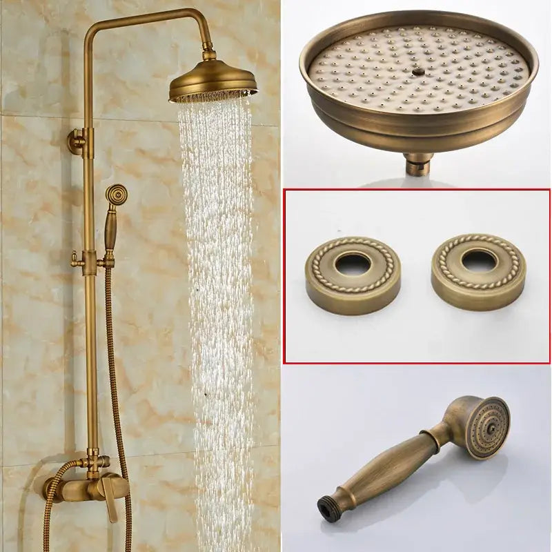 Modern brass rainfall shower faucet set with handshower featuring a tall rainhead and decorative mounting plates in brass finish