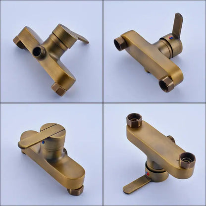 Antique brass-finished bathroom faucet set with single lever handle and dual spout design for modern shower faucet set