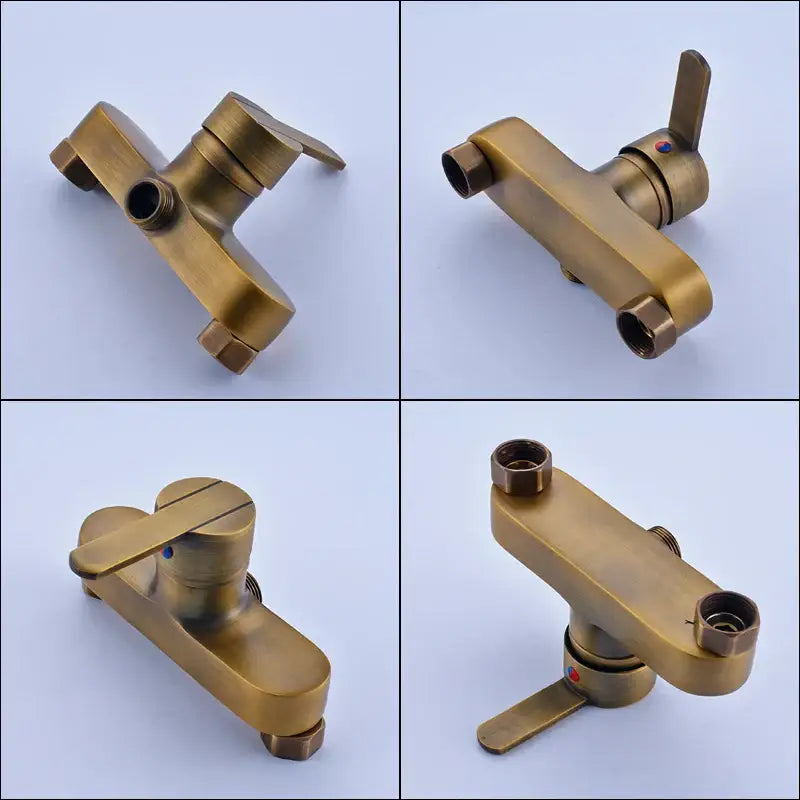 Antique brass-finished bathroom faucet set with single lever handle and dual spout design for modern shower faucet set