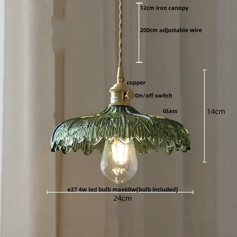 Modern brass ribbed clear glass pendant lamp featuring a green glass pendant light with copper switch and iron canopy