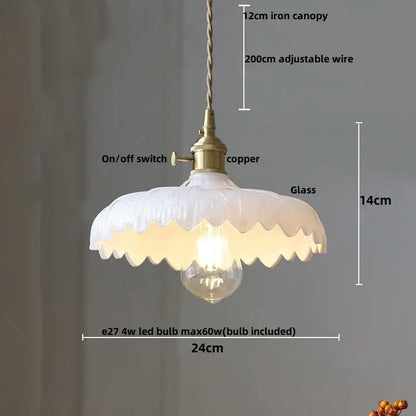 Modern brass ribbed clear glass pendant lamp with a delicate white scalloped glass shade and copper hardware for dining room decorbites clear glass
