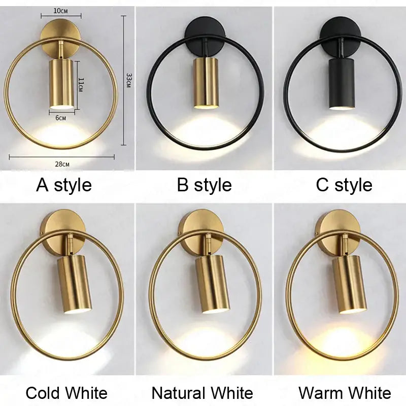 Modern brass ring led wall sconce in brushed gold or matte black with circular light for bedroom decorbites brass ring style