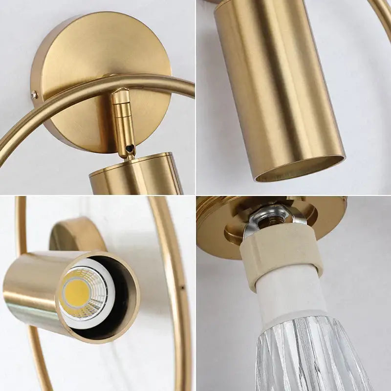 Modern brass ring led wall sconce with gold-toned cylindrical design and clear crystal diffuser for bedroom decorbites brass ring