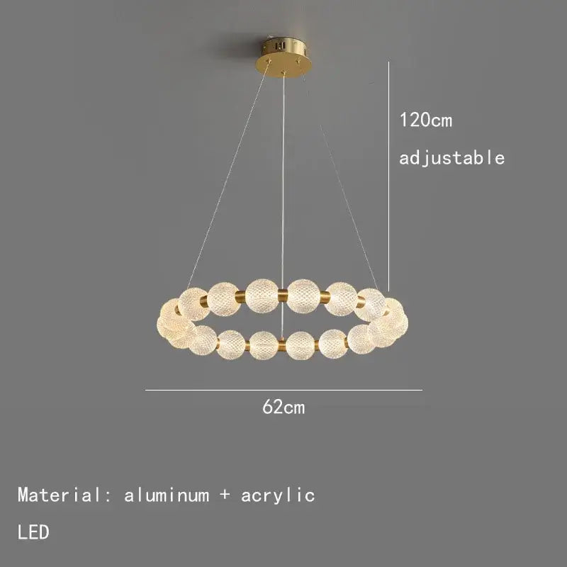 Modern brass round led pendant lights with gold-toned aluminum rings and acrylic spheres, adjustable 120cm drop chandelier