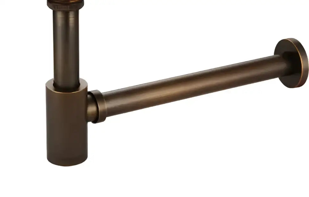 Antique bronze-colored decorbites brass round siphon p-trap set with sleek cylindrical design and polished metal finish