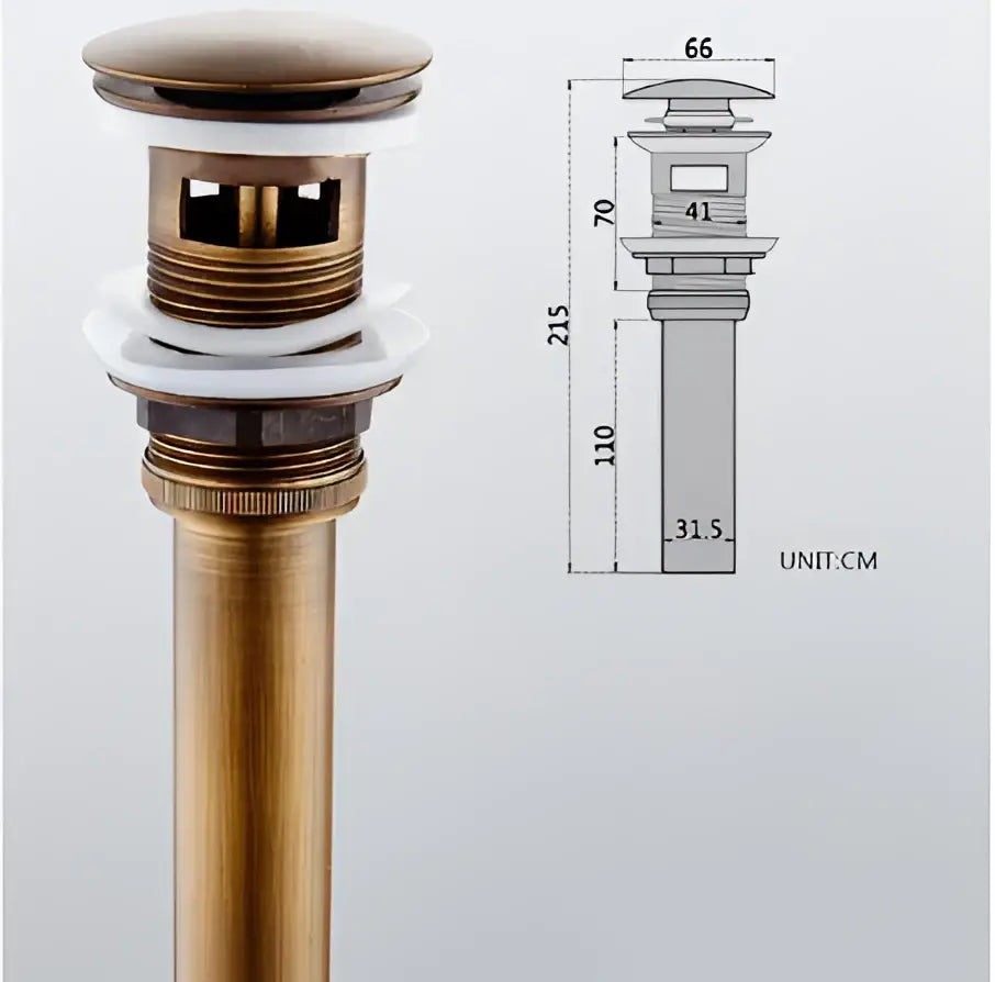 Antique brass round siphon p-trap set with white rubber seal and detailed mechanical components for bathroom use