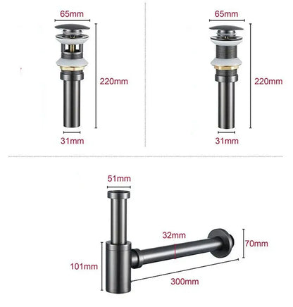 Modern brass round siphon p-trap set gun grey with black matte brass round siphon drain assembly with precise measurements