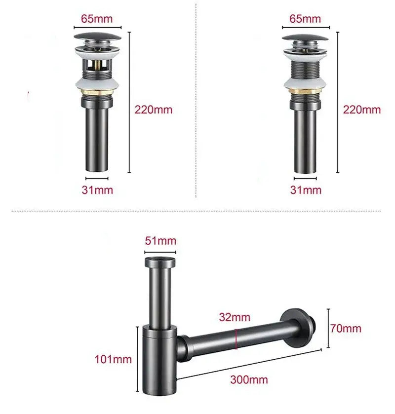 Modern brass round siphon p-trap set gun grey with black matte brass round siphon drain assembly with precise measurements